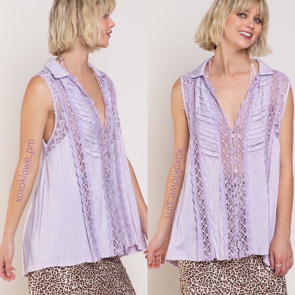POL Lavender Lace Sleeveless Button Down Top